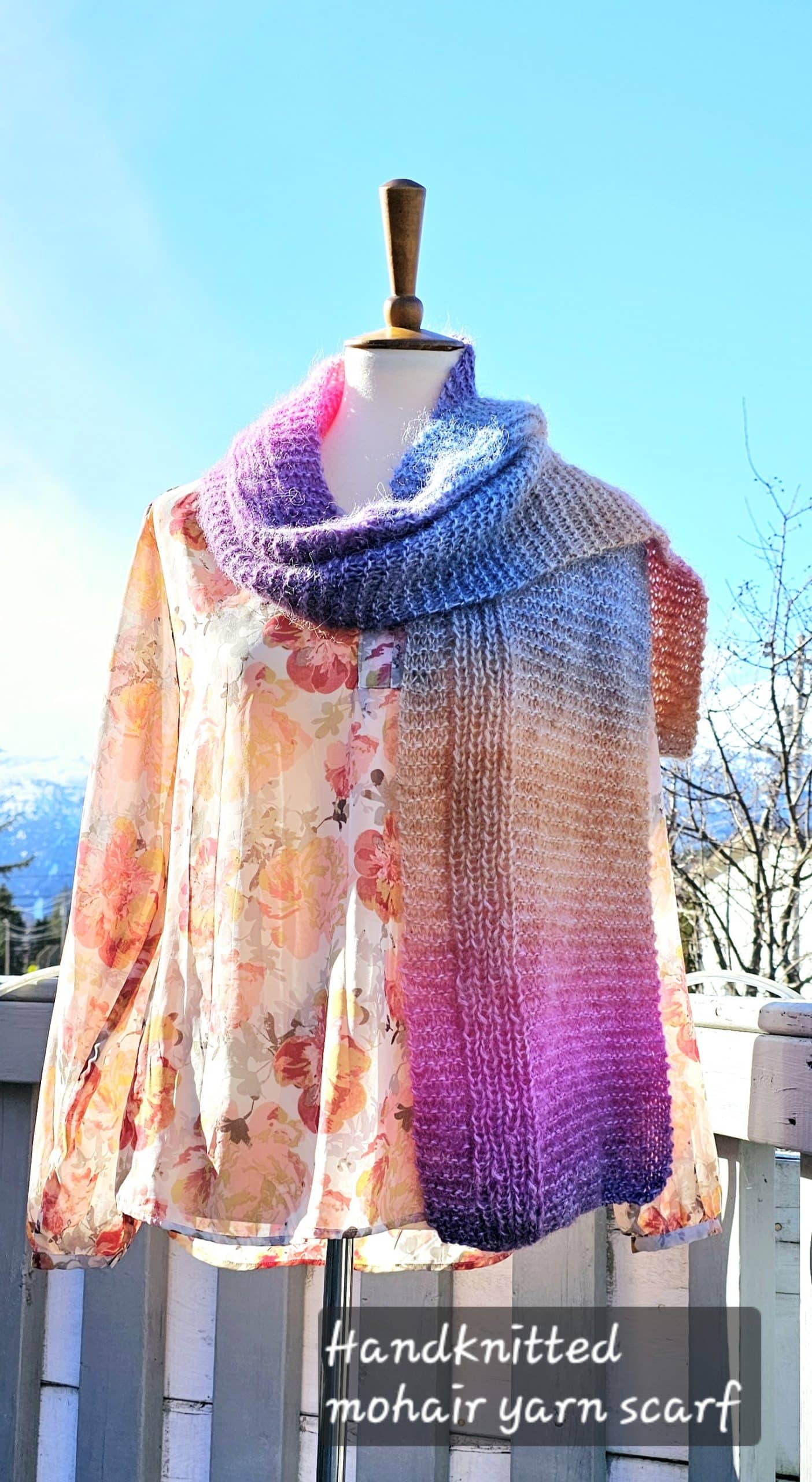 pink blue and orange knit scarf made in skagway