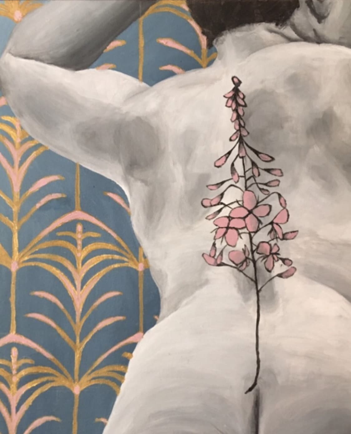 A painting of fireweed up the center of a person's back.
